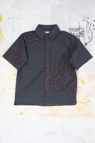 Lace Short Sleeve Button Up - Black - Clothing and Home Goods in Los Angeles - Virgil Normal 